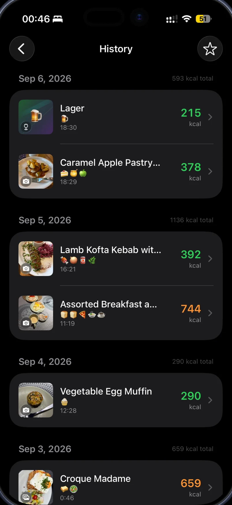 Food diary: meals grouped by day with a calorie total for each day