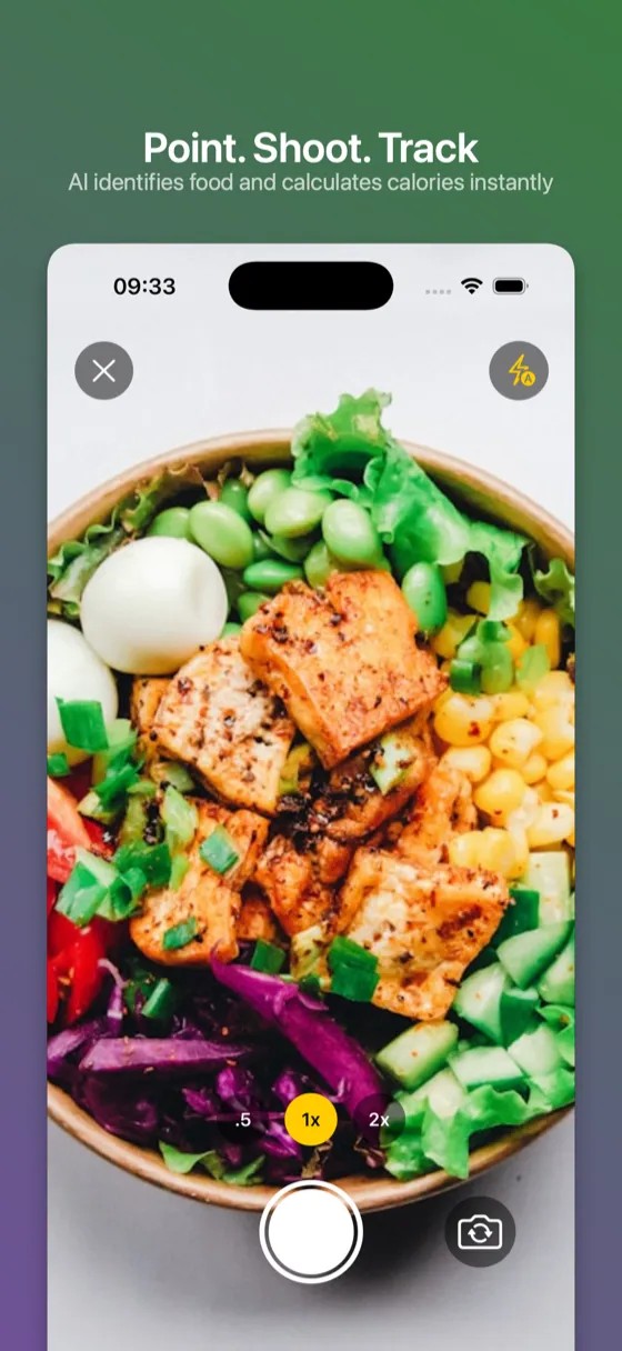 SnapNutrition AI camera view - Point, shoot, track - AI identifies food and calculates calories instantly
