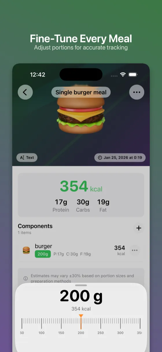 SnapNutrition AI meal detail - Fine-tune every meal with adjustable portions for accurate tracking