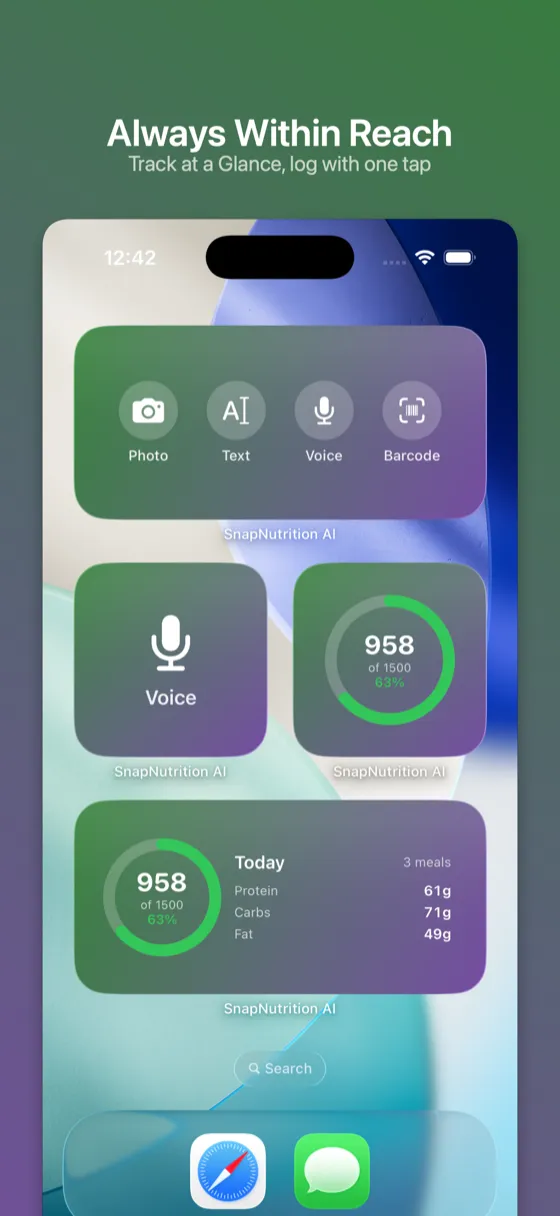 SnapNutrition AI widgets - Always within reach, track at a glance from your home screen