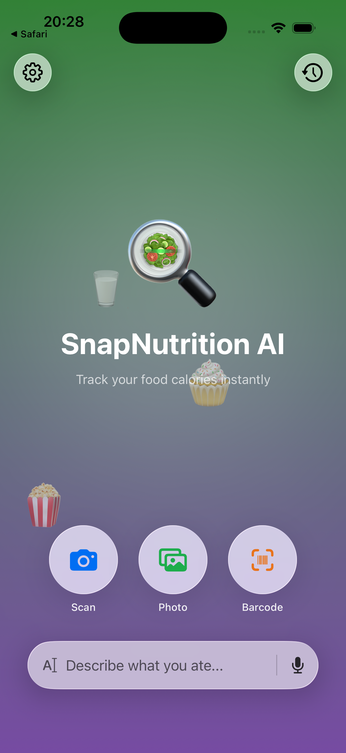 SnapNutrition AI home screen showing free AI calorie tracker with camera, photo, barcode, text and voice input options