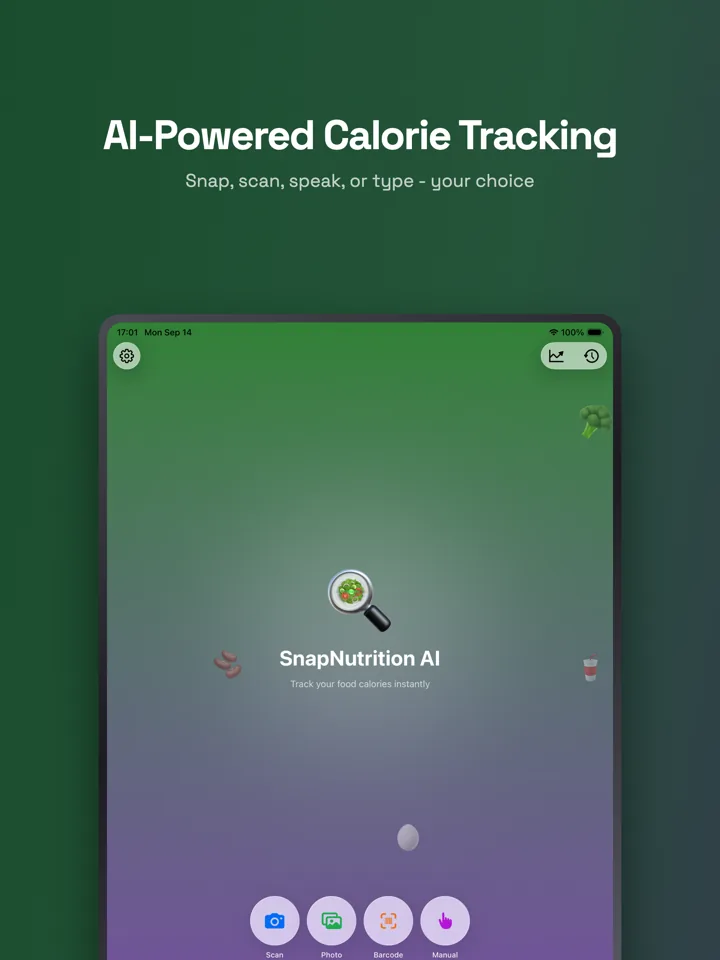 SnapNutrition AI on iPad - the home screen with scan, photo, barcode, and manual entry