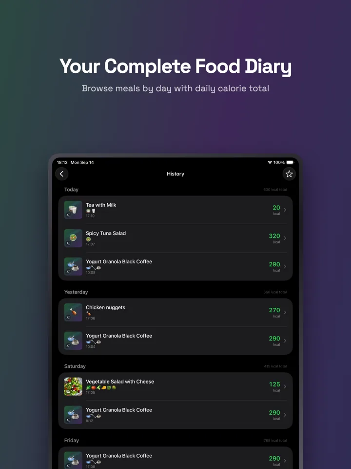 SnapNutrition AI on iPad - the food diary, meals grouped by day with a daily calorie total