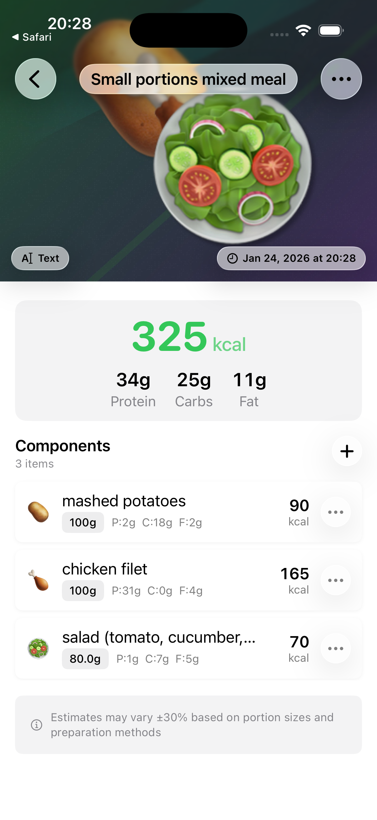 SnapNutrition AI food scan results showing calories, protein, carbs and fat breakdown