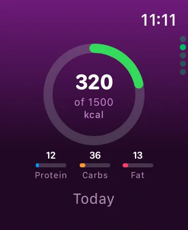 SnapNutrition AI on Apple Watch - today's calorie ring with protein, carb, and fat progress